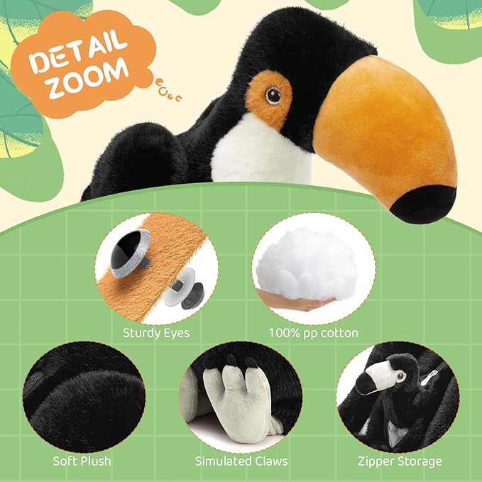 MorisMos 24" Giant Toco Toucan Stuffed Animal Mommy with 3 Baby Toucan Toys for Kid Girl Boy,Realistic Black Bird Plush with Baby Bird Toys Gift for Birthday,Tropical Rainforest Stuffed Animals Decor