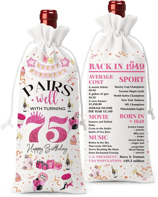 75th Birthday Gifts for Women Men Wine Bag, Birthday Gifts for 75 Year Old Man, Happy 75th Birthday Party Decorations Women for Men, Pairs Well with Turning 75 Wine Bags (White Pink)