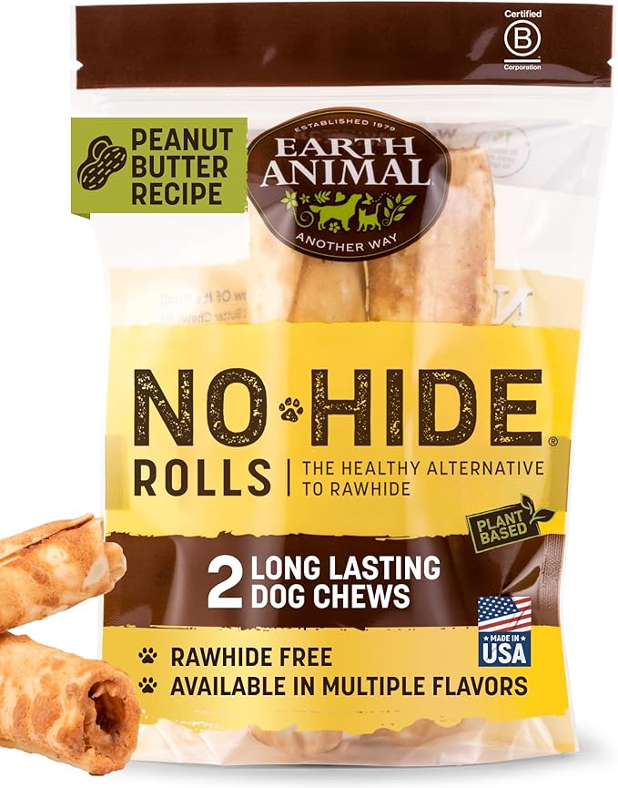 Earth Animal No Hide Medium Peanut Butter Flavored Natural Rawhide Free Dog Chews Long Lasting Chew Sticks | Treats for Large Dogs | Great for Aggressive Chewers - 2 Count
