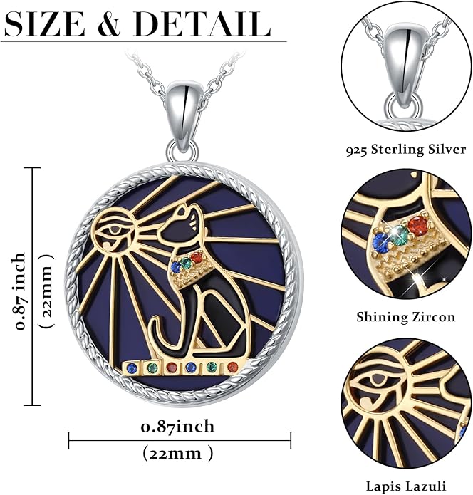 Alphm Egyptian Jewelry for Women 925 Sterling Silver Bastet Goddess/Eye of Horus Pendant Necklace Ancient Egyptian Jewelry Present