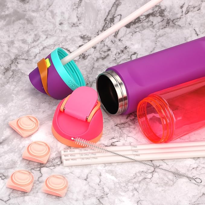 4pcs Pink Replacement Mouth Gasket Stopper for Owala FreeSip 19/24/25/32/40oz Cap, with 1 Brush & 4pcs White Straws with Scale, Water Bottle Lid Top Plug Rubber Seal Part Accessories