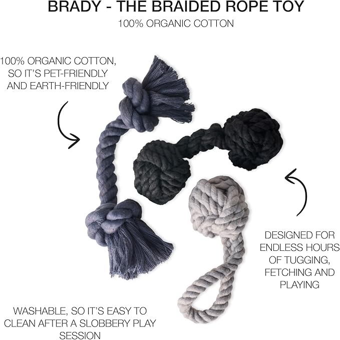 3-Pack Organic Cotton Dog Rope Pull Toys for All Pet Breeds, Gray Ombre, One Size