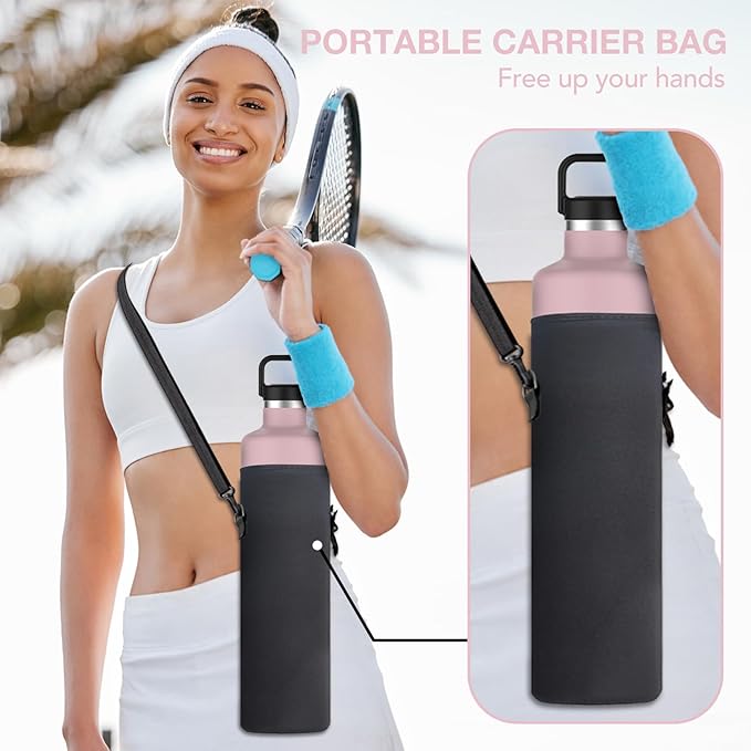 60oz Water Bottle with Carrier Bag, Large Insulated Water Bottle, Stainless Steel Water Bottles, Double Walled Insulated Thermo for Hot Drinks/Cold Drinks, Great for Gym, Hiking, Camping (Light Pink)