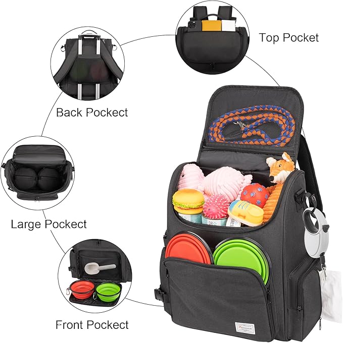 Modoker Dog Travel Bag Backpack, Airline Approved Pet Accessories Organizer for Dog and Cat with Shoulder Strap, 2 Dog Food Storage Containers, 2 Collapsible Dog Bowls,1 Pet Mat, Black