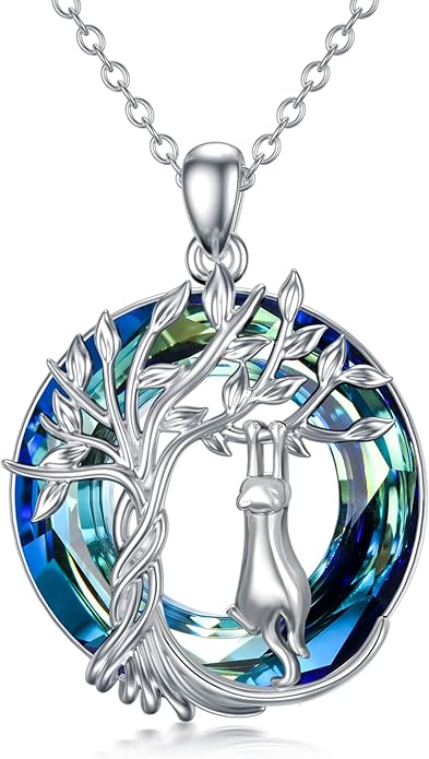 TOUPOP Cat Gifts for Cat Lovers Sterling Silver Cute Cat Tree of Life Pendant Necklace with Blue Circle Crystal Birthday Christmas Jewelry Gifts for Women