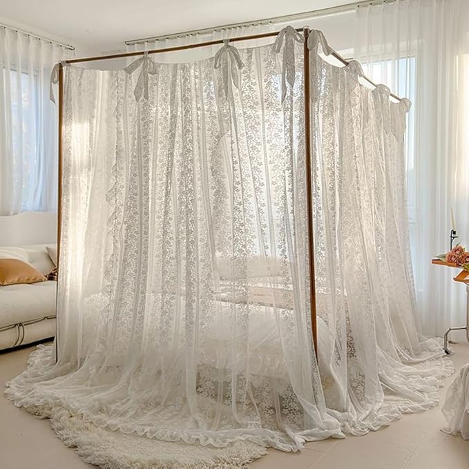 Elegant Princess 4 Corner Post Mosquito Net Romantic for Girls Women Bed Curtain Canopy for Adult Wedding Bedroom Kids Rooms Decoration (Type2-White-Flower, Queen)