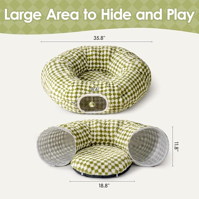 MEWOOFUN Cat Tunnels for Indoor Cats, Cute Tunnel Bed, Donut Tunnel with Washable Cushion, Round Peekaboo Cave for Play & Rest, Cat Toy for Kittens, Puppies & Rabbits, Green