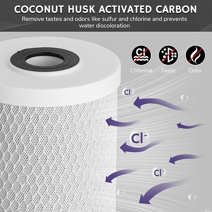 Airthereal 10" x 4.5" Whole House CTO Activated Carbon Water Filter, 5 Micron 10-inch Water Filter Replacement Cartridge for City and Well Water, 4-Pack