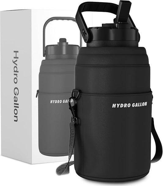 Hydro Gallon® Nomad - Insulated 64oz Half Gallon Water Bottle Jug with Sleeve, Straw Lid, Handle, Strap, Pockets. Large Stainless Steel Metal Gym Thermos. Wide mouth, Leakproof, BPA free. 62oz (Black)