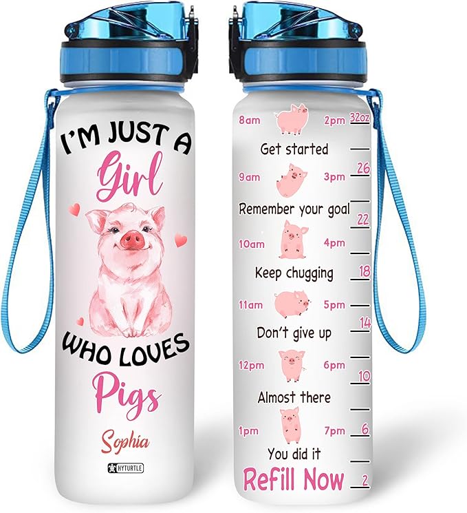 Hyturtle Personalized I'm Just A Girl Who Loves Pigs 32Oz Liter Motivational Water Bottle, Customized Name With Time Marker, Gift For Women Girls Friends Kids Pig Lovers On Birthday Mother's Day