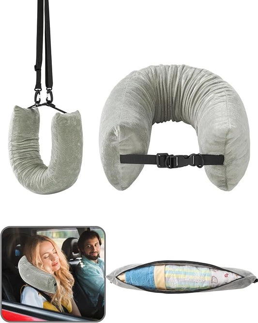Stuffable Travel Neck Pillow for Extra Luggage Clothes Adjustable U-Shapes Airplane Plane Travel Pillow Storage Bag Adjustable Neck Size Travel Essentials Multifunctional Sleeping Rest Cushion
