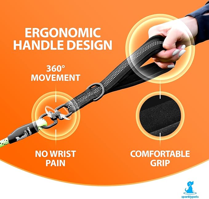 SparklyPets Double Dog Leash for 2 Dogs – Rope Bungee Dual Leash for Medium and Large Breeds with Padded Handles & Tangle Free (Green, Medium/Large)