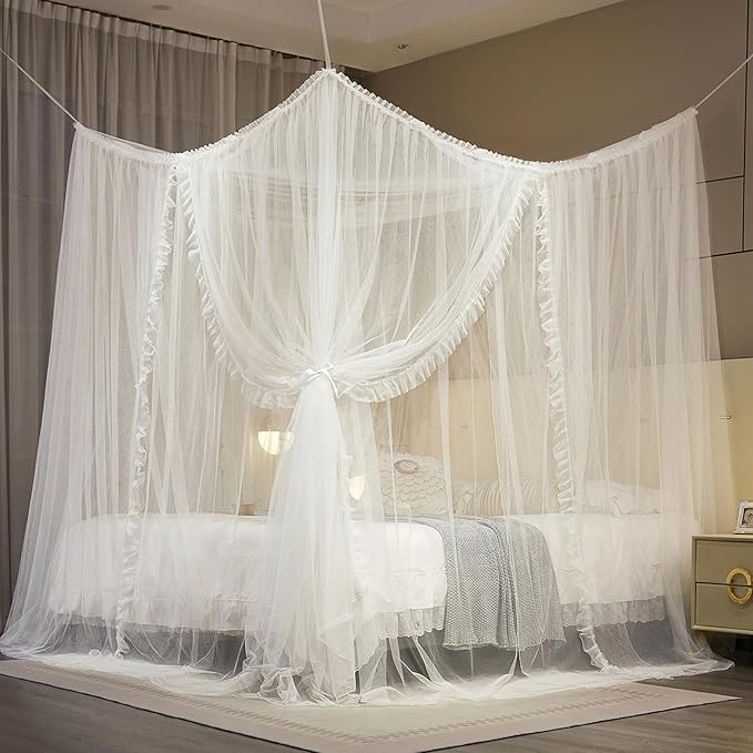 4 Corners Post Princess Curtain Bed Canopy Lace Up Double Layer 4 Opening Mosquito Net Mesh for Girls Bedroom Decoration(White, 64" W*82" L*82" H/Queen)