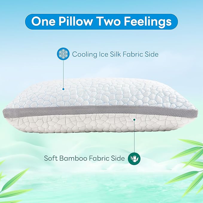 Adjustable Shredded Memory Foam Pillows, Cooling Pillows Standard Size Set of 2, Support Yet Soft Pillow Side Back Stomach Sleepers with Washable Removable Ice Silk Cover
