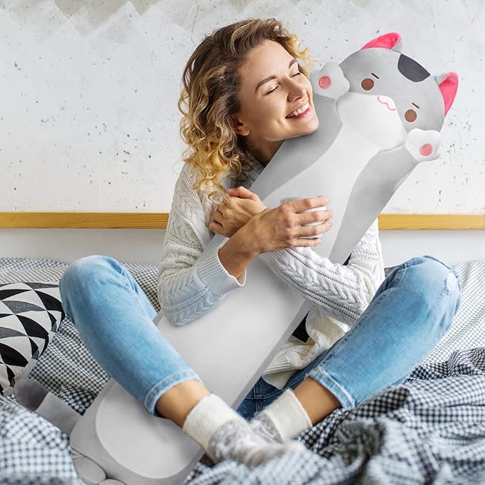 Long Cat Plush Kids Body Pillow, 36 Inch Cute Gray Cat Stuffed Animals Soft Plushies, Kitten Kawaii Plush Throw Pillow Doll Toy Gift for Girlfriend