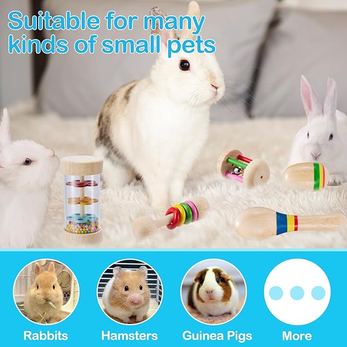 6 Pcs Wooden Bunny Toys - Safe Rabbit & Guinea Pigs Teeth Grinding Toys for Chinchillas, Hamsters & Small Animals - Indoor & Outdoor