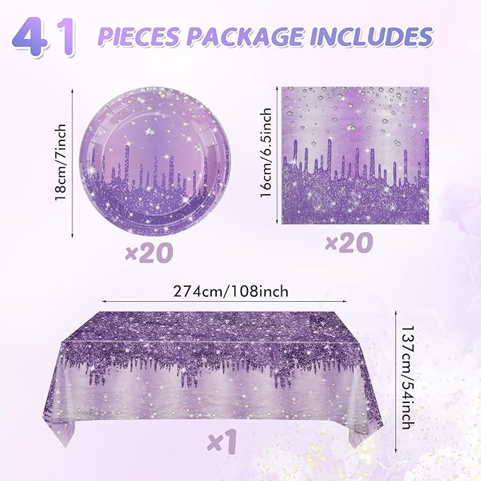 41Pcs Purple Birthday Party Decorations, Happy Birthday Party Tableware Includes 20 Paper Plates 20 Napkins and 1 Tablecloth, Purple Dinnerware for Women Girl Men Birthday Party Baby Shower Decoration