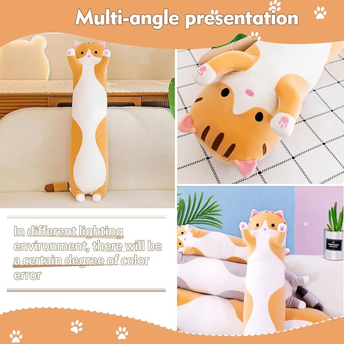 Long Cat Plush Pillow, 43.3in Cute Cat Plushie Stuffed Animals Body Pillow, Yellow Kawaii Kitten Soft Plushie Doll Toy Birthday Gift for Kids Girlfriend