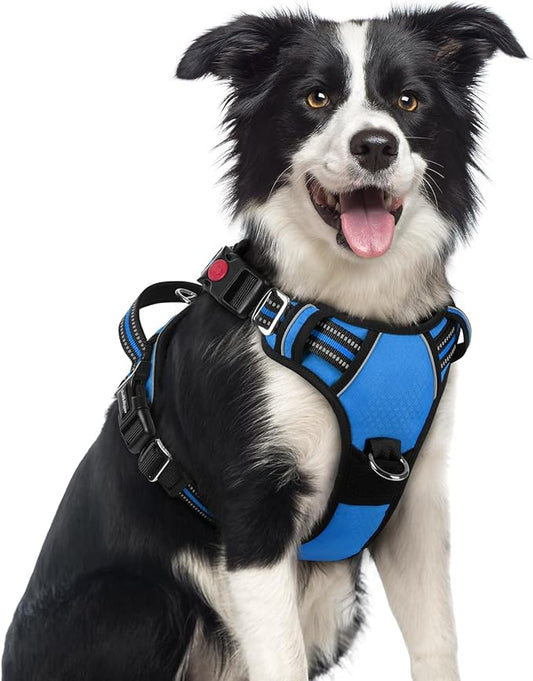 rabbitgoo Dog Harness Medium Sized, No Pull Dog Vest with 3 Buckles, Adjustable Soft Padded Pet Harness with Easy Control Handle and Reflective Strips, Blue, M