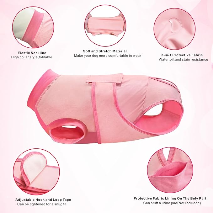 Idepet Dog Recovery Suit Female,Dogs Onesie Suit Surgery Male Breathable Pet Bodysuit for Spay Neuter E-Collar & Cone Alternative Surgical Suit Puppy Abdominal Anti Licking Wounds Shirt (Pink, XL)