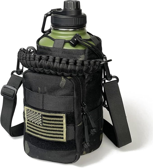 64 Oz Water Bottle with Sleeve - Military Green Half Gallon Insulated Water Jug with Handle - Stainless Steel Sports Bottle for Gym Workout Hiking Camo Black Pouch