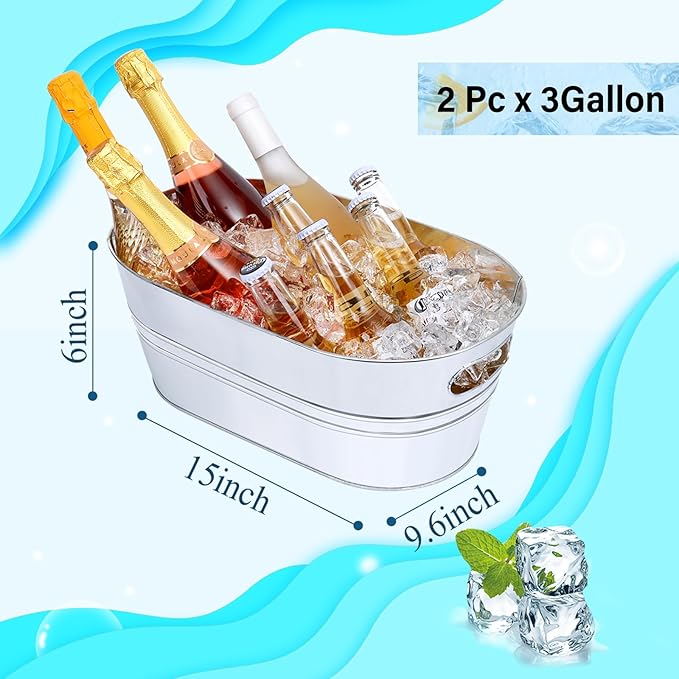 Ice Buckets for Parties 2 Pcs 3 Gallon Galvanized Beverage Metal Tub Champagne Drink Wine Large Ice Bucket for Cocktail Mimosa Bar Supplies