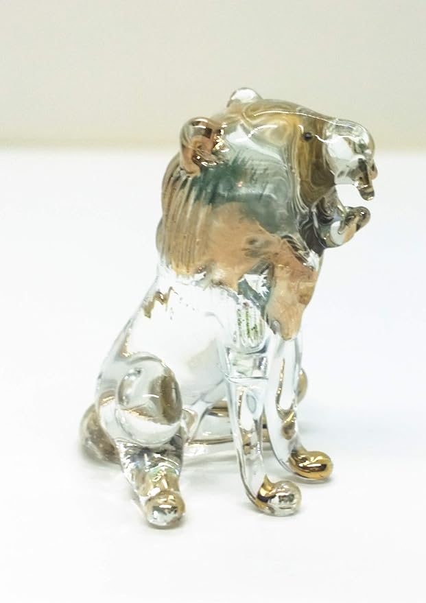 WitnyStore Tiny 1½" Long Clear Gold Sitting Lion Roaring Figurine - Miniature Hand Blown Painted Glass Panthera Wild Cat Small Crystal Wildlife Animals Decorative Collectible Figurines Décor Gifts