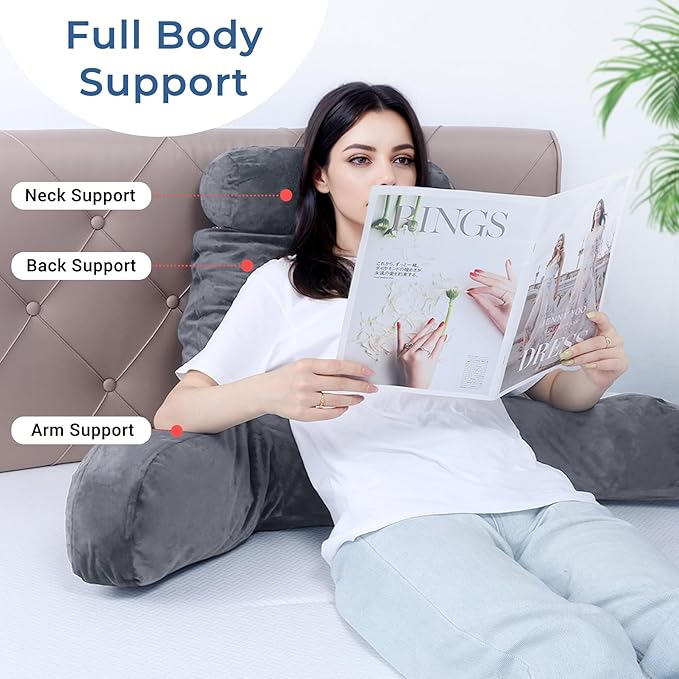 COOLBEBE Reading Pillow for Bed Backrest Pillow for Bed Sitting Up Adult with Arms Grey Back Support Pillow with Headrest & Pockets, Removable Washable Cover and Detachable Neck Roll(Large 27")