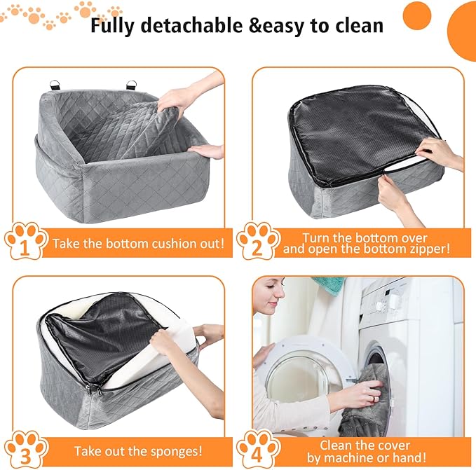 Dog Car Seat for Small Dogs,Detachable Washable Dog Booster Seat for Medium Dogs Under 30lbs, Pet Car Seat Travel Bed with Storage Pockets and Dog Safety Belt (Grey)