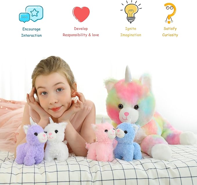 MorisMos Cat Unicorn Stuffed Animal with Baby Kittens, 24'' Mommy Cat and 4 Baby Kitty Stuffed Animals, Large Rainbow Caticorn Plush Pillow, 5Pcs Kitty Unicorn Plush Toys for Girls Boys Birthday Gift