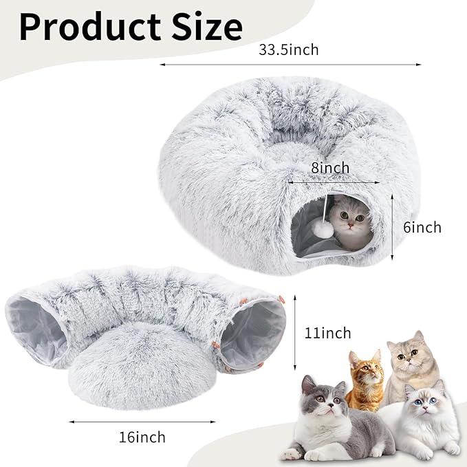 Cat Tunnels for Indoor Cats, Cat Tunnel Bed with Washable Cushion, Cat Tunnel Christmas Tree Skirt, Collapsible Donut Tunnel for Medium & Large Cat, Peekaboo Cave Toy, Gray