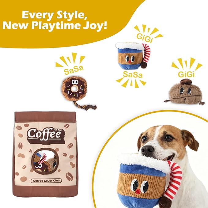 Squeaky Dog Toys Coffee Bag Set - Chew-Proof 4-in-1 Hide & Seek Tug Plush Toy with 3 Chew Toys (Bean/Cup/Donut) to Keep Them Busy, Best Birthday Gift for Small Medium Large Dogs