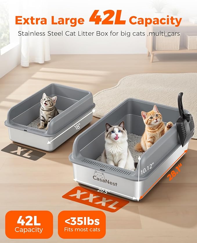 XXXL Stainless Steel Cat Litter Box with Lid 28.1''×20.5''× 10.1” Extra Large Metal Cat Litter Box for Big, Multi Cats, Anti-Leakage & Non-Stick Metal Pan, Easy to Clean, Durable (Dark Grey