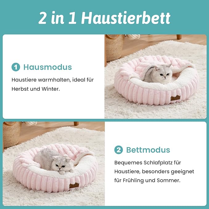 Cat Bed with Hooded Blanket, Round Fluffy Anti-Anxiety Pet Bed for Cats/Toy Breed Dogs, Cozy Donut Cuddler with Machine Washable Faux Fur & Anti-Slip Bottom(20"×20"×6",Pink)