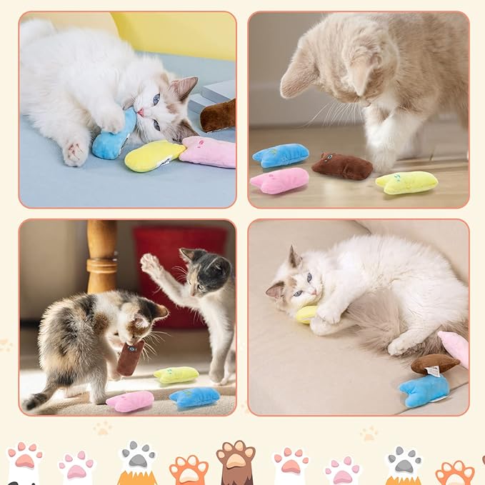 Nobleza Kitten Toys for Indoor Cats, 4 Pack Catnip Cat Teething Chew Toys with Crinkle Paper, Soft Plush Interactive Toy Funny Cute Birthday Gift for Kitty Kicking & Playing, Brown/Blue/Pink/Yellow