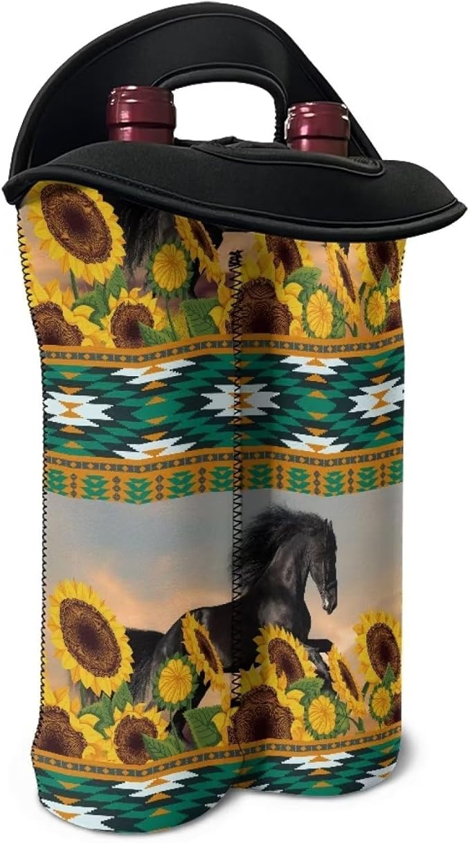 doginthehole Sunflower Horse Wine Bag Insulated Wine Tote Holders Aztec Print Wine Carriers Bag for Wine Beer Cans Water Portable Neoprene Wine Bottle Covers Protector 2 Bottle Wine Carrying Bag