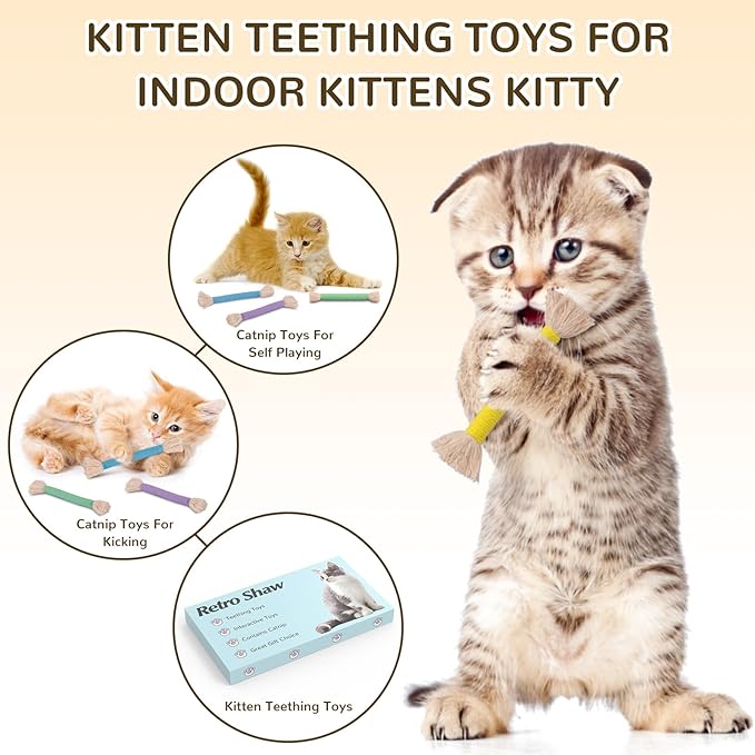 Retro Shaw Cat Toys Ropes with Catnip, 6Pcs Kitten Teething Chew Toys for Indoor Cats, Interactive Cat Nip Kitty Toys Kicker, Safe Durable Upgraded