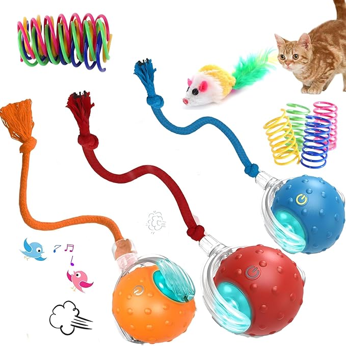 3-Pack Interactive Cat Toys Ball ＆Dog Toys Ball,360° Auto-Rotation Smart Obstacle Avoidance,Includes 8 Cat Spiral Spring＆1 Furry Cat Toy Mice,Ideal Kitten Toys for Bored Indoor Cats(Red Blue Orange)