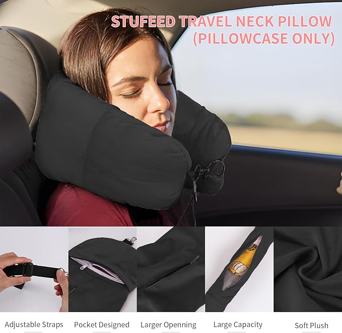 Stuffable Travel Pillow for Extra Luggage, Travel Neck Pillow Stuffable with Clothes, Stuffable Neck Pillow for Travel, Velvet Travel Neck Pillow Storage Bag, Fillable Luggage Pillow (Black)