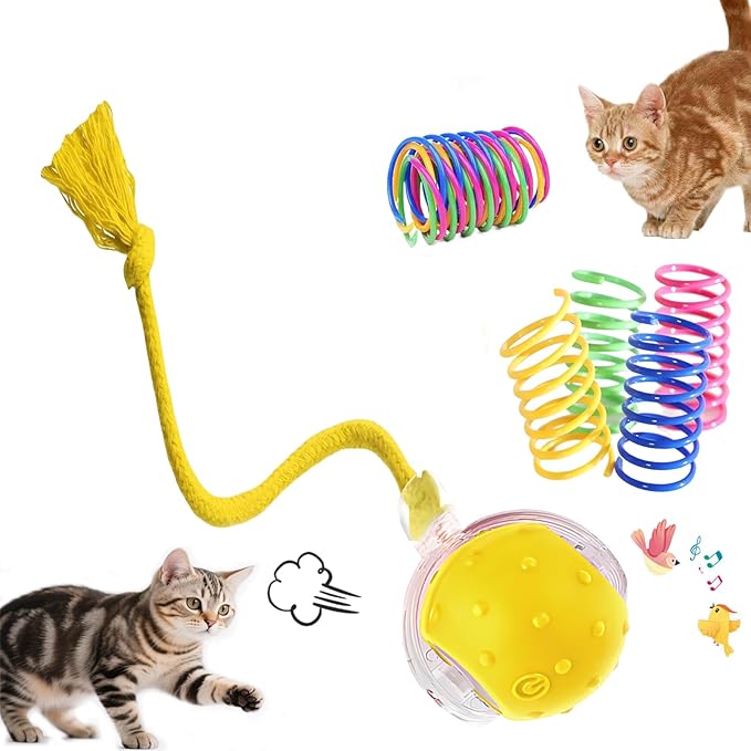 Interactive Cat Toys Ball ＆Dog Toys Ball,360° Auto-Rotation Smart Obstacle Avoidance,Bird Chirps& Auto Wake-Up,Includes 4 Cat Spiral Spring,Ideal Kitten Toys for Bored Indoor Cats (Yellow)