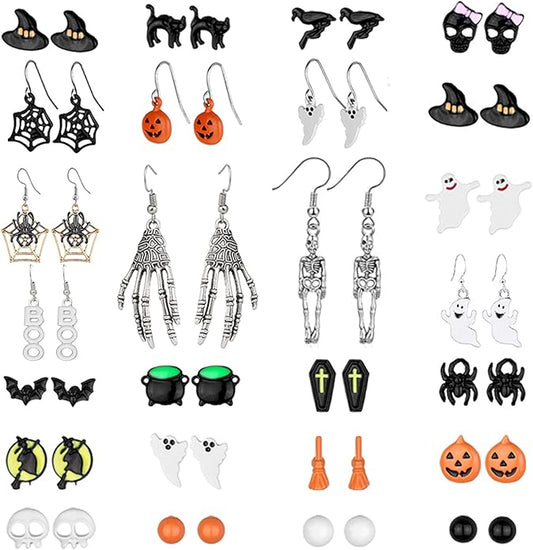 5-26Pairs Halloween Thanksgiving Fall Christmas Theme Earrings Set Holiday Earrings Halloween Stud Earrings Set Spider Pumpkin Ghost Bat Web Skull Drop Earring Holiday Jewelry Gifts