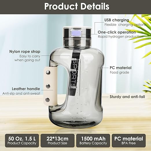 Hydrogen Water Bottle, 50 OZ Portable Hydrogen Water Bottle Generator Machine Hydrogen Rich Ion Hydrogen Water Ionizer for Home Sport Travel Exercise Gift (Black)
