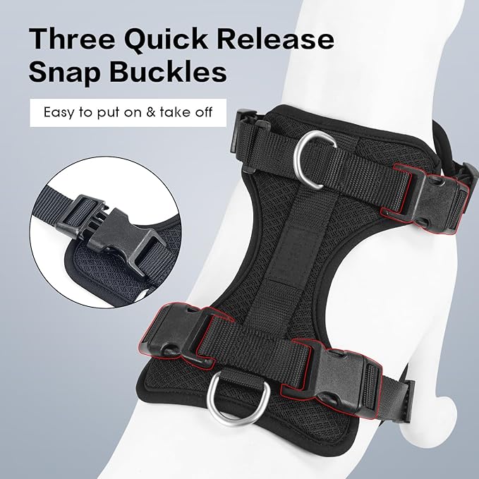 Wisedog Mesh Breathable Dog Harness: No Pull Harness with 3 Fast-Release Buckles Adjustable for Walking & Training for Small Medium Large Dogs (Black, S: Neck=14"-19"/Chest=13"-24")