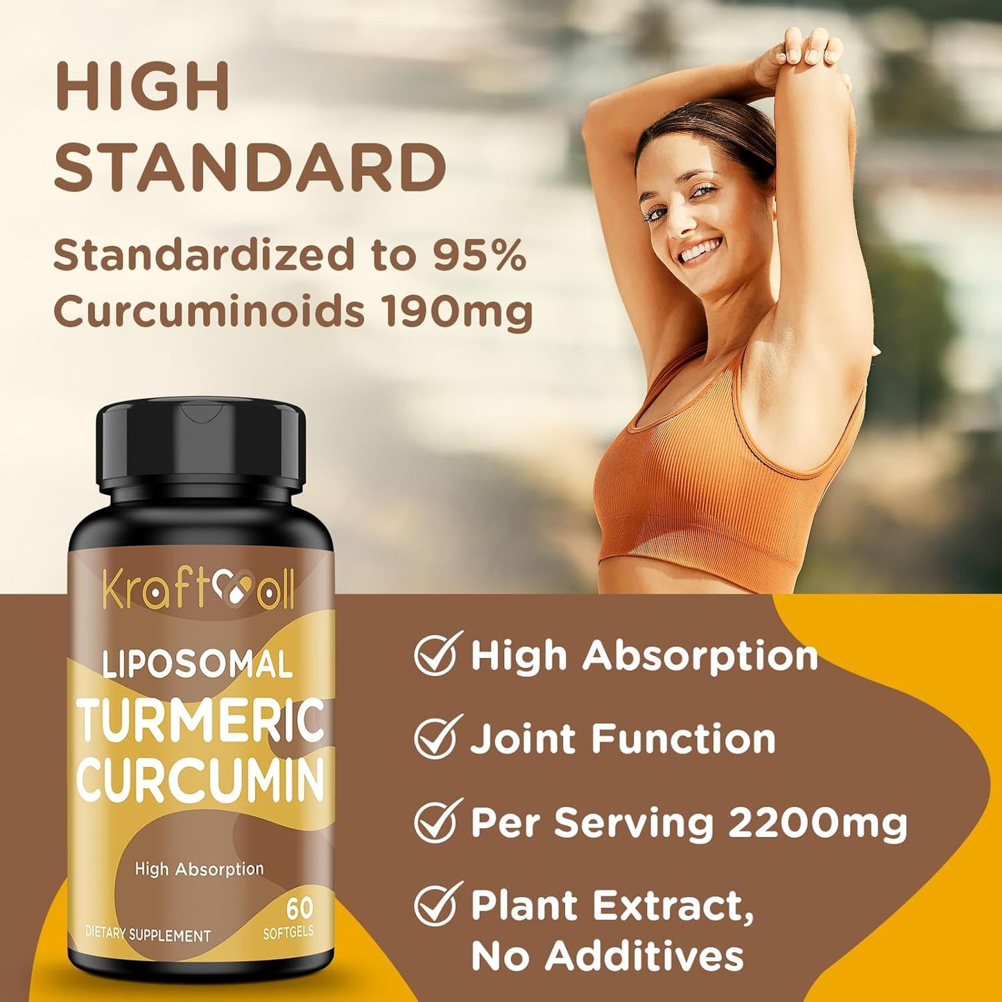 Liposomal Turmeric Curcumin Supplement 2200 mg with Black Pepper Extract 15 mg for High Absorption and Joint Function, 60 Softgels for Adults