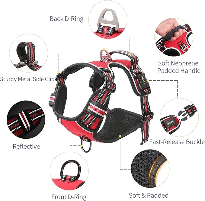HEELE Dog Harness, No Pull Adjustable Padded Reflective Harness for Small Medium Large Dogs with Handle for Walking Training, Red, XL