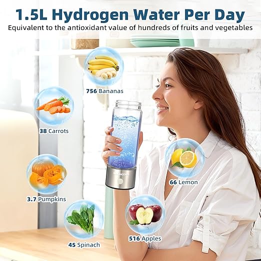 Hydrogen Water Bottle,Hydrohealth Hydrogen Water Bottle,Aqua Fusion Hydrogen Water Generator,SPE PEM Water Filter Pitcher 1800PPB 420ml Water Purifier,Glass Water Ionizer for Gifting(Silver)