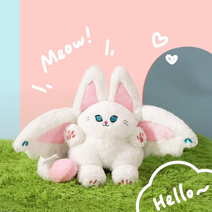 PEACH CAT Cute Bat Cat Plush Pillow Kawaii Bat Cat Stuffed Animal Toys for Kids White and Pink 12"