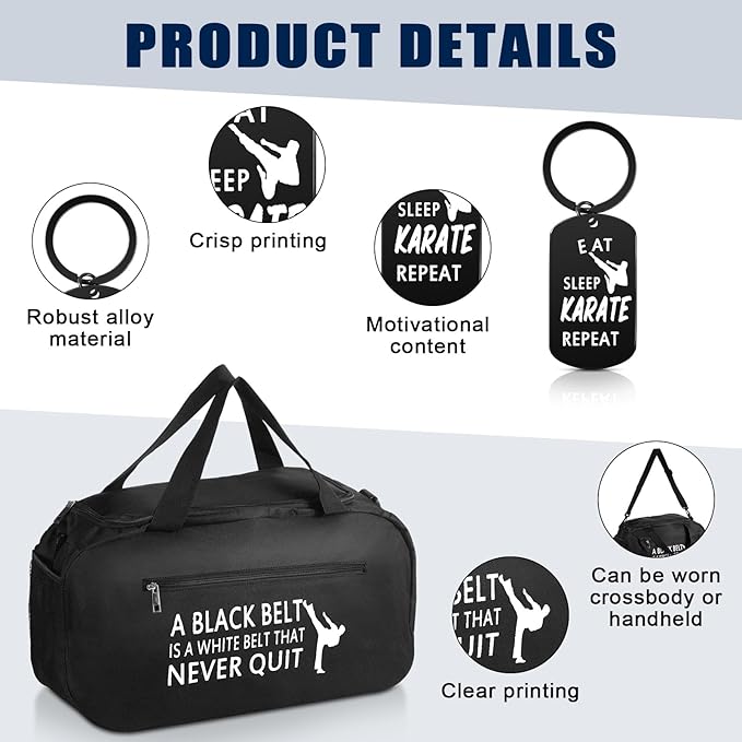 Layhit 3 Pcs Karate Gifts for Boy Girl Include Large Martial Art Duffel Bag 24 oz Stainless Steel Sport Water Bottle Karate Keychain Taekwondo Gifts for Sport Active Athletes Gym Back to School