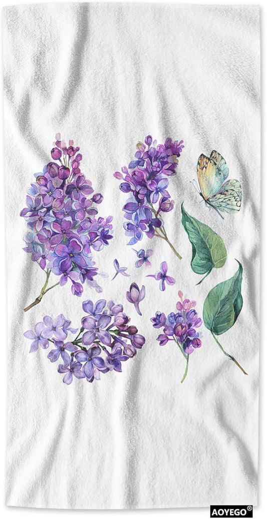 AOYEGO Purple Lilac Flowers Bathroom Towels Violet Floral Butterfly Green Leaf Soft Bath Hand Towels Microfiber Kitchen Hotel Spa Hand Towels 15x30 Inch