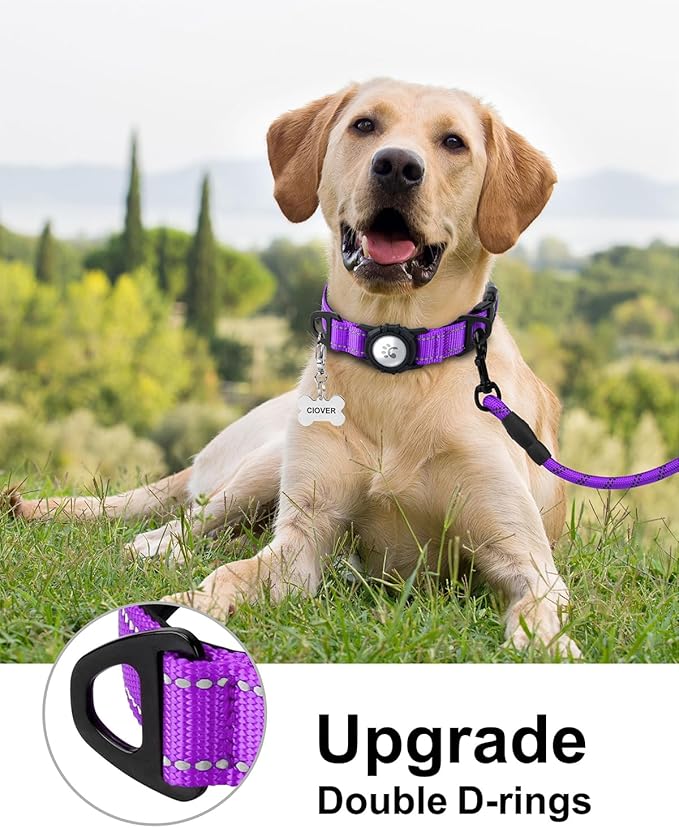 TagME Airtag Dog Collar,Waterproof Reflective Pet Collar with Airtag Holder,Soft Padded and Double D-Rings for Large Dogs,Purple